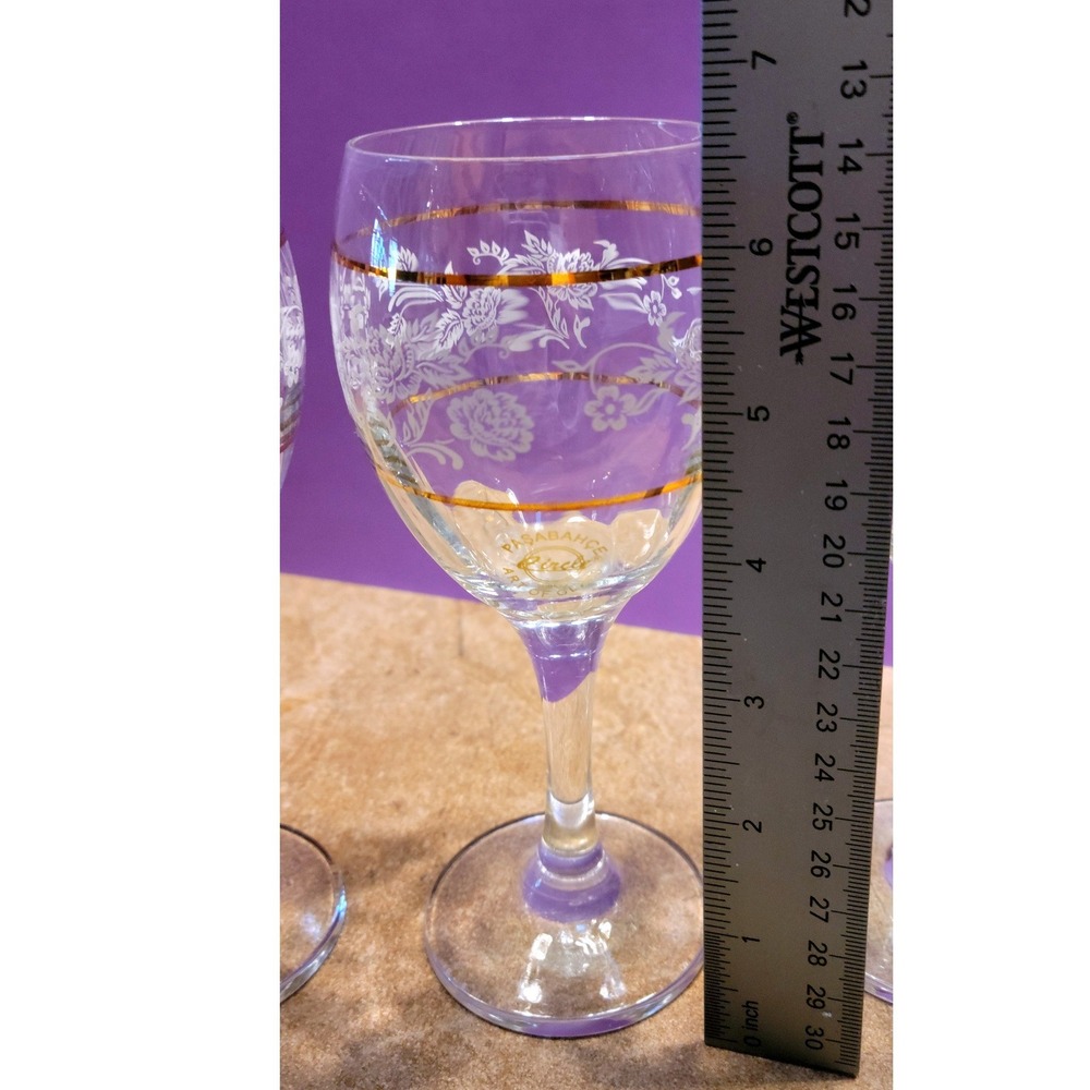 NIB Pasabahce Duchess Collection Wine Glasses Set 6 Gold Rim Floral Etched 1805